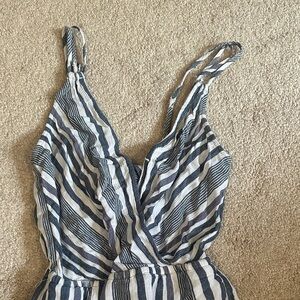 American Eagle Navy and White Striped Romper with Tie Detail